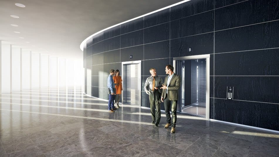 View landing design options in advance to help tie together the building’s lobby with floor visuals. 